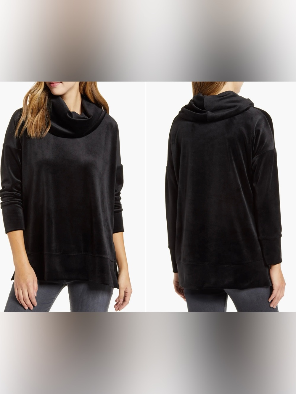 Loveappella black velour cowl neck side slit tunic